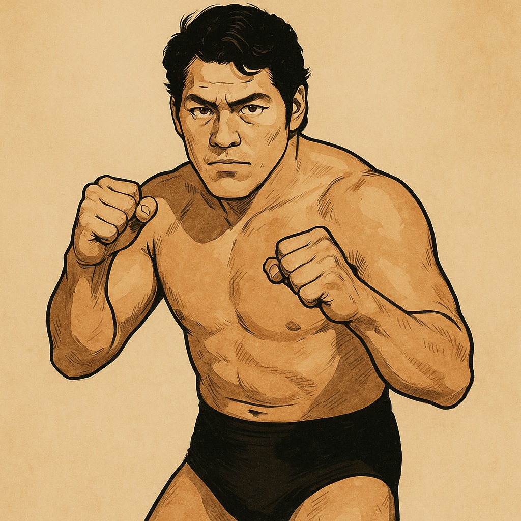 猪木をイメージした男性プロレスラーがこっちを向いて構えている画像