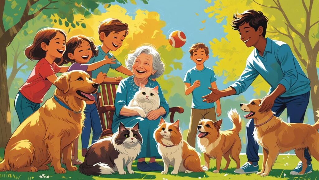 猫と犬を飼っている家族の画像