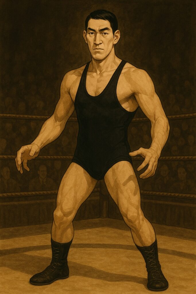 馬場をイメージしたプロレスラーがリングの上で立っている画像