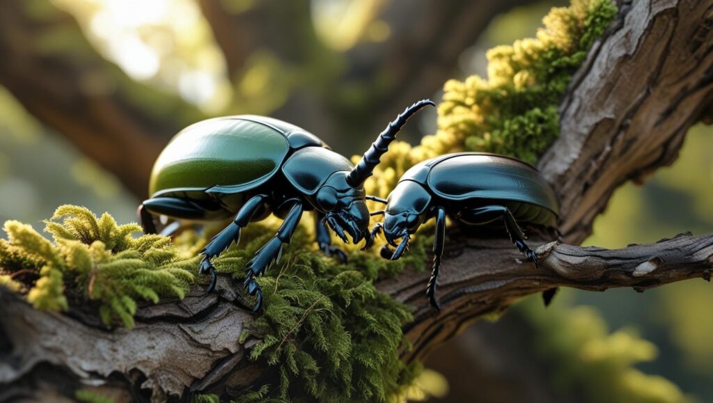 木の上で向き合うカブトムシとクワガタ