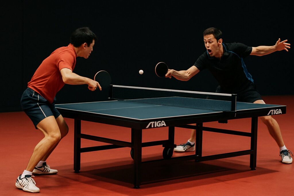 試合会場でラリーをするアジア人の男子卓球選手2人の画像
