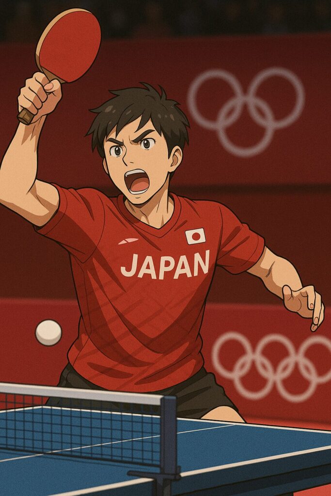 腕を振り上げてラリーをする男子卓球選手のイラスト