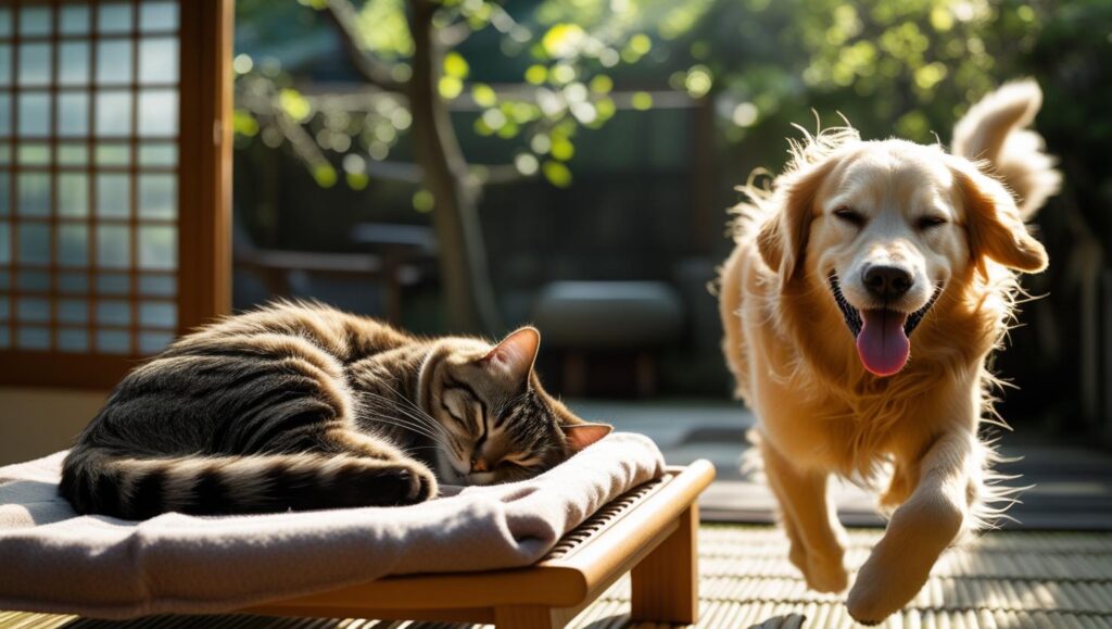 寝ている猫と走ってくる犬の画像