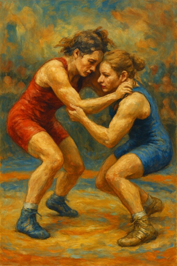 レスリングをする2人の女子選手の絵画風画像