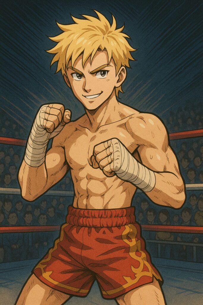 キックボクシングをする金髪男性画像