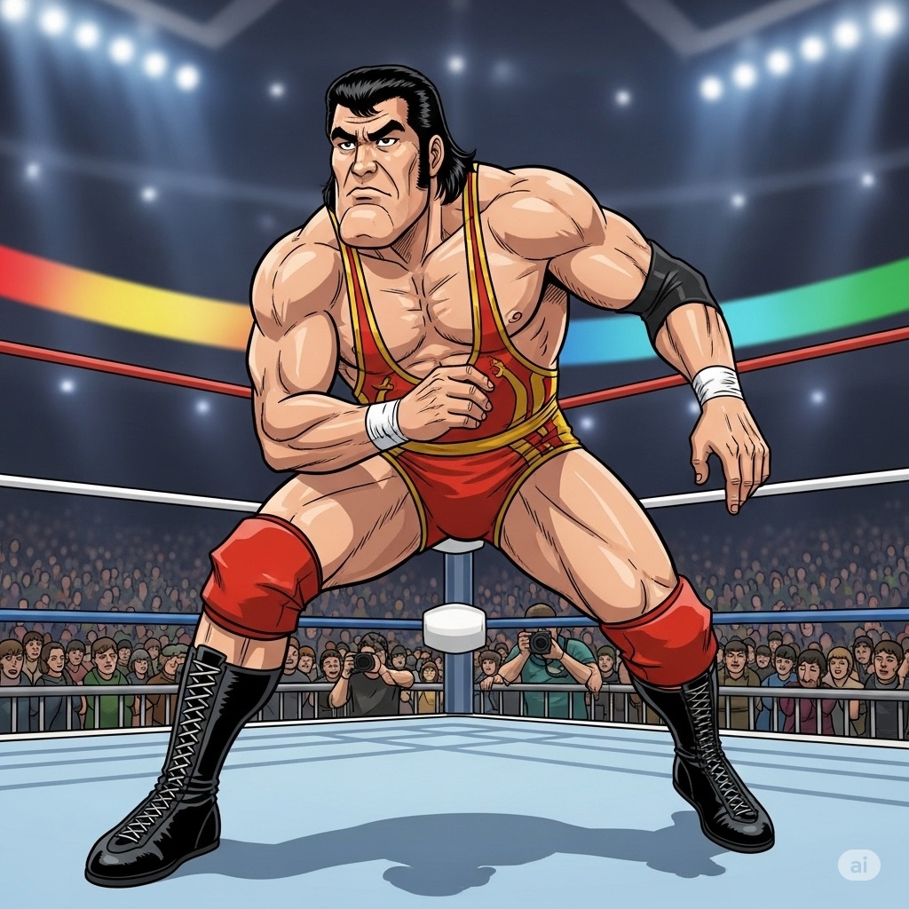 リングの上で腰を低くする赤い服の黒い髪のプロレスラーのイラスト