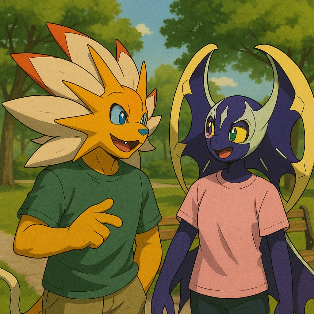 偽物のソルガレオとルナアーラが公園でおしゃべりしている画像