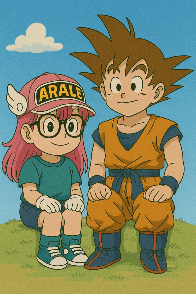 偽物のアラレちゃんと悟空が座っている画像