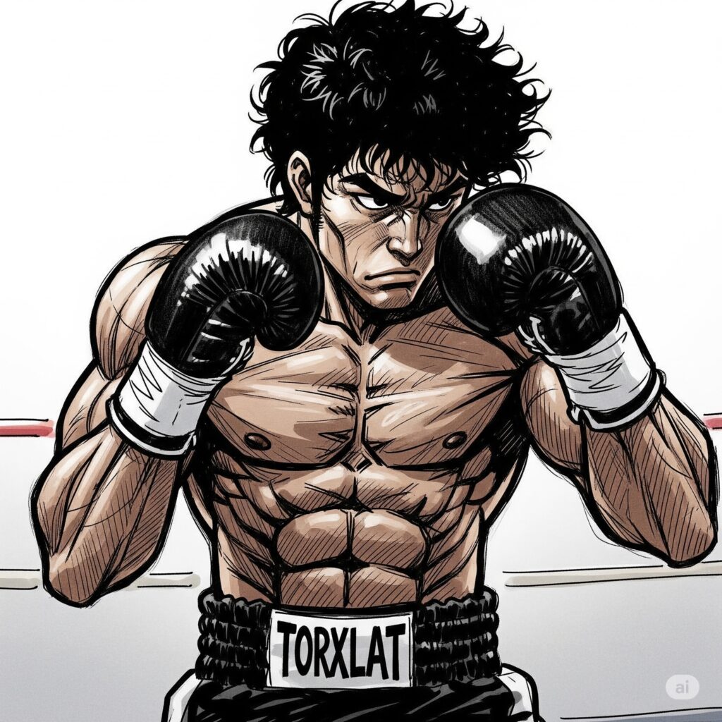 険しい表情で防御の構えを取る黒髪のボクサーのイラスト