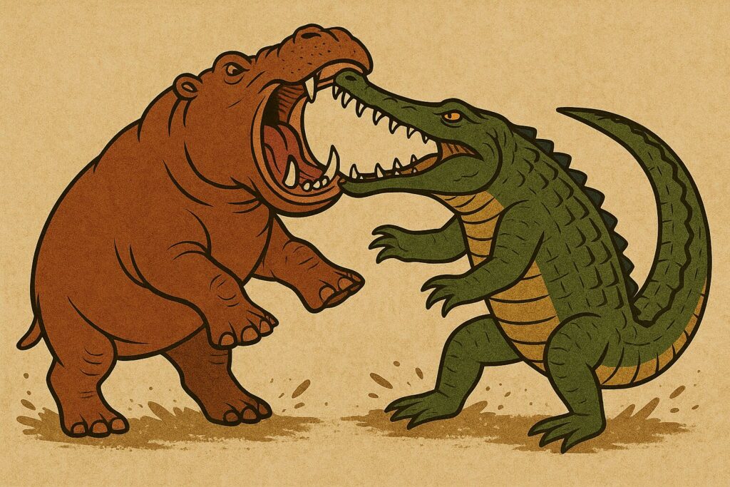 カバとワニが戦う画像
