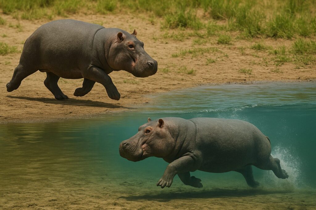 陸上を走るカバと水中を走るカバの画像