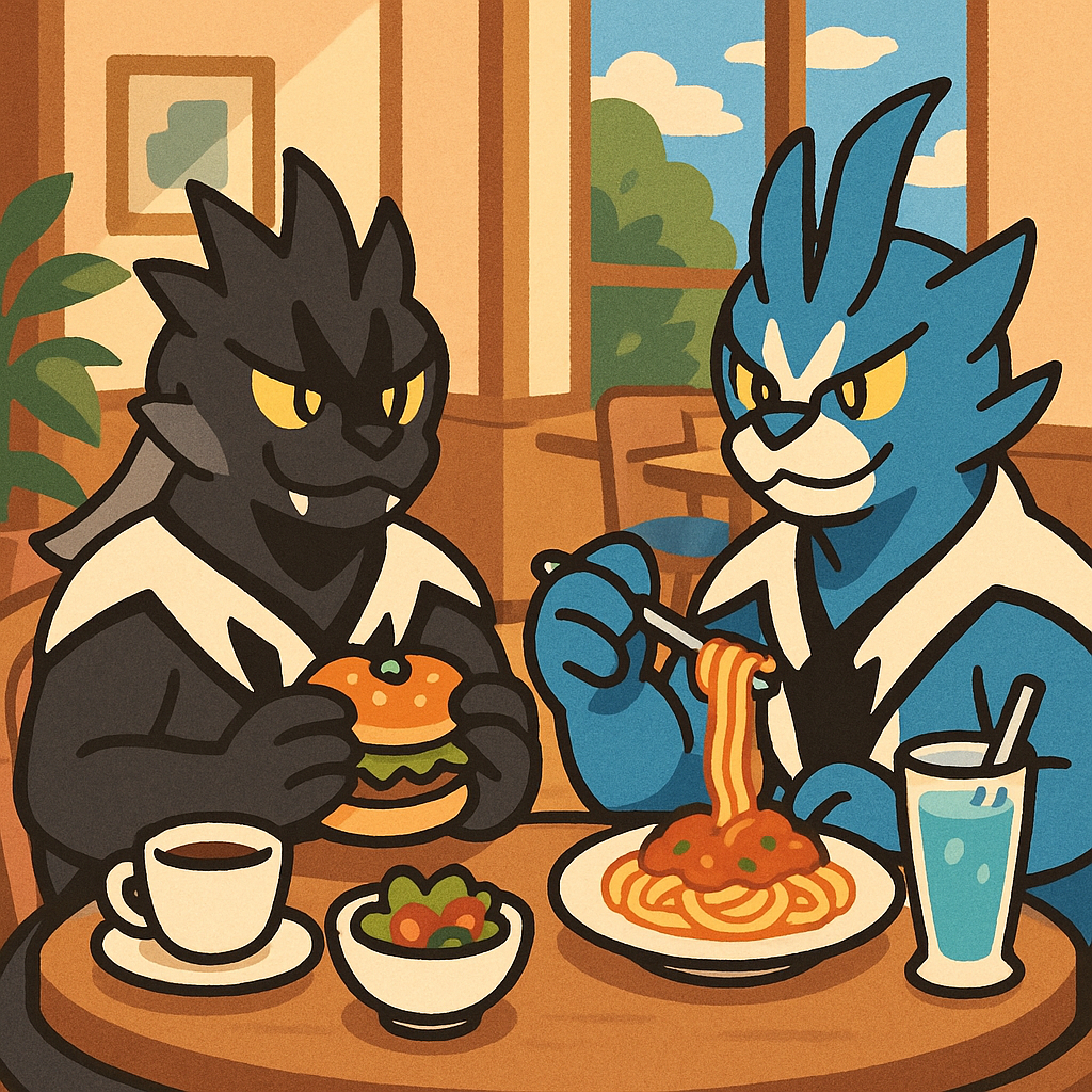 偽物のウーラオス2人がカフェでランチをしている画像