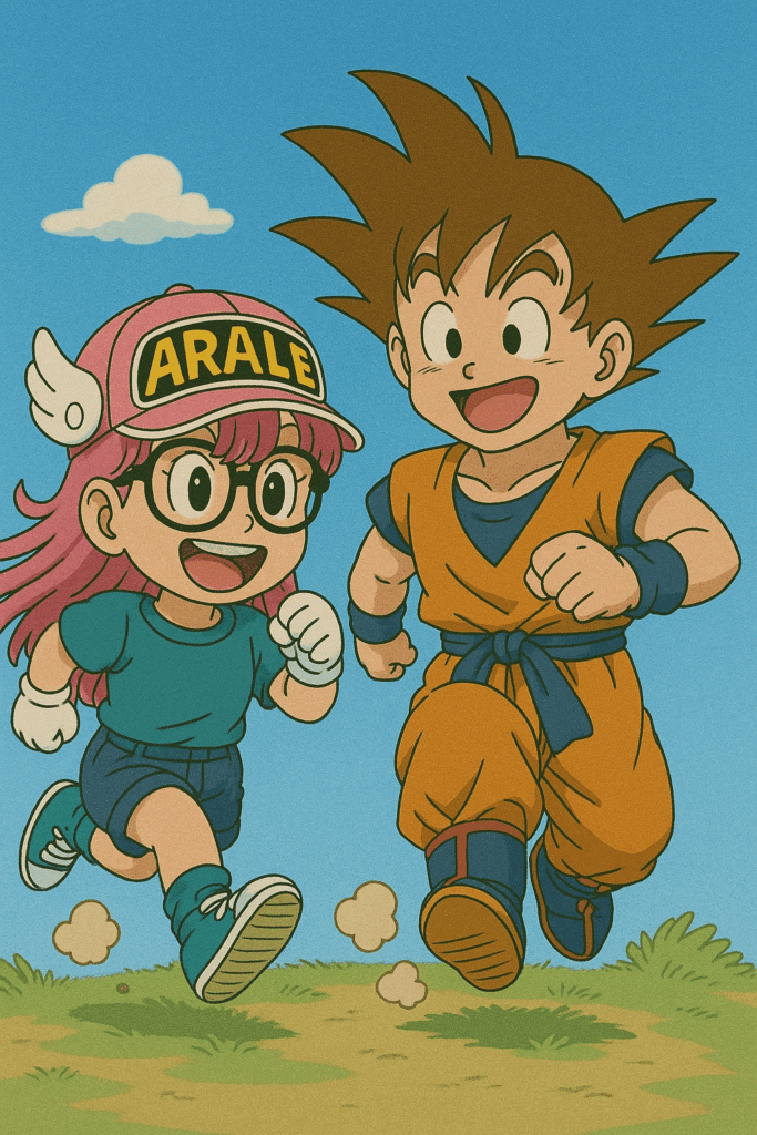 偽物のアラレちゃんと悟空が走っている画像