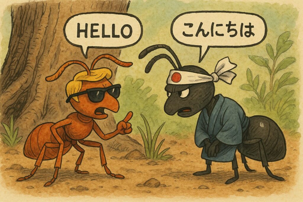 外国から来たアリと日本のアリが挨拶している画像