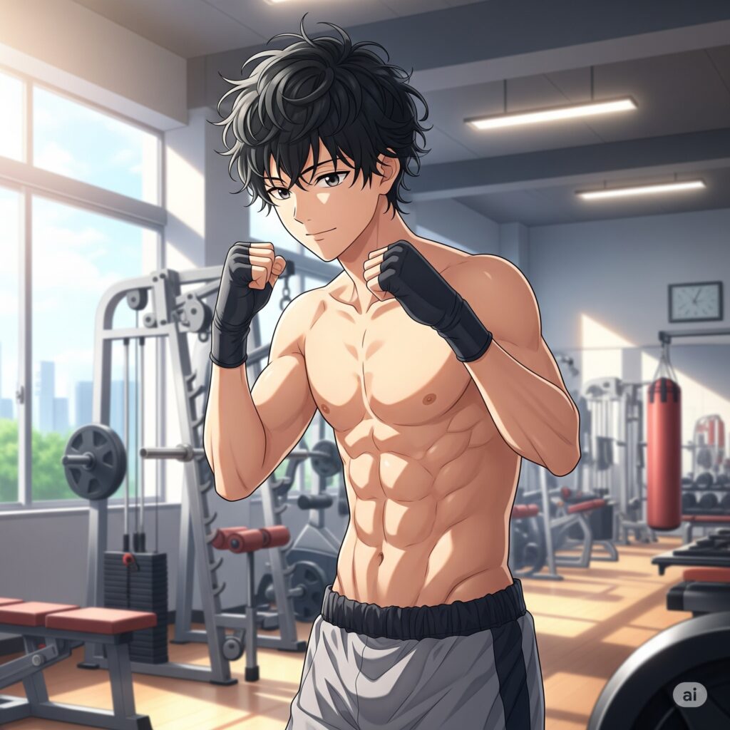 ジムで構える黒髪のボクシング選手のアニメ風のイラスト