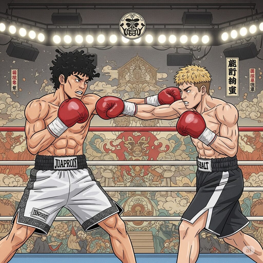リング上で打ち合う金髪のボクサーと黒髪のボクサーのイラスト