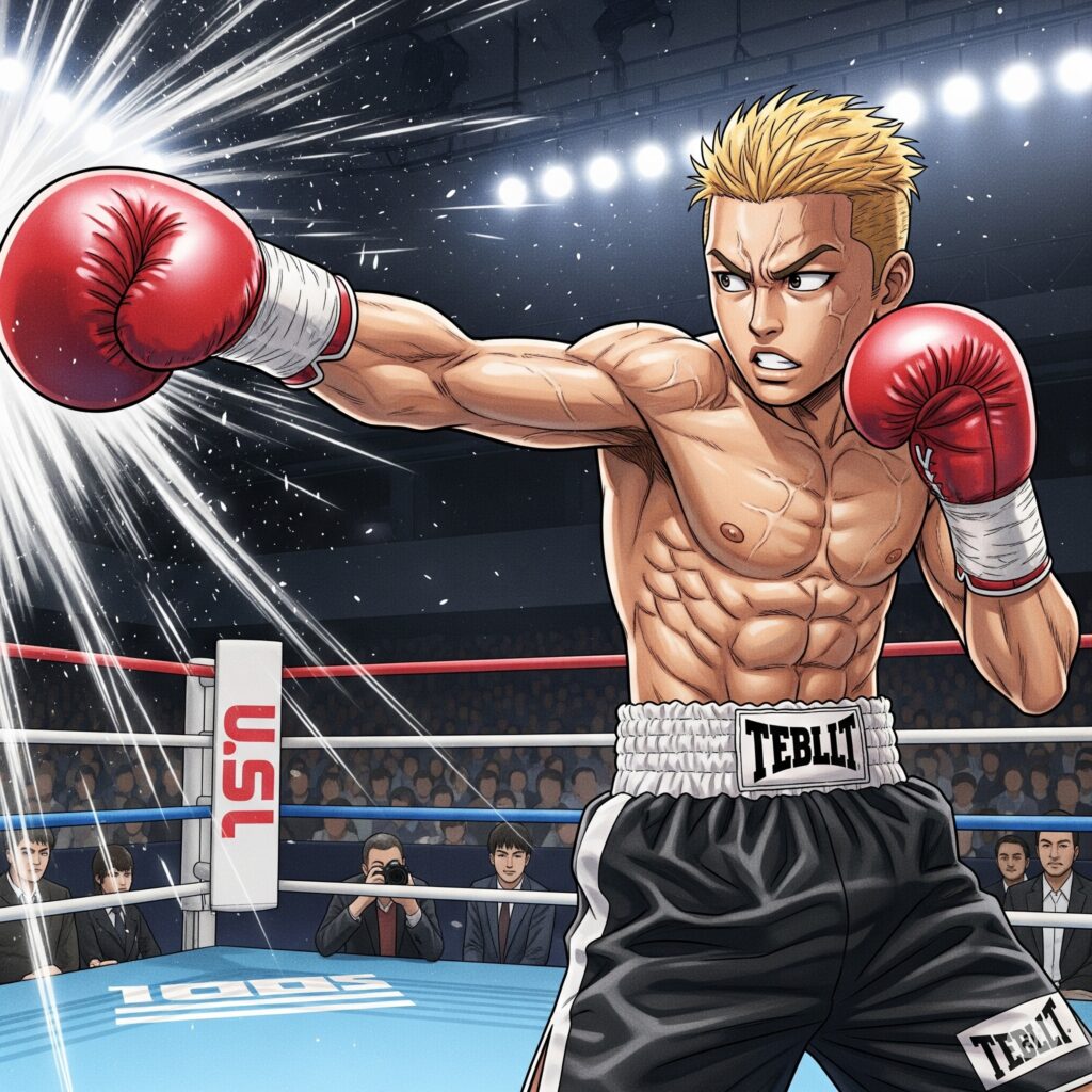 右ストレートを決める金髪の短髪のボクシング選手のイラスト