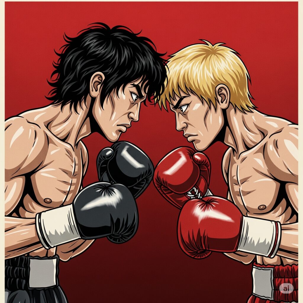 金髪の日本人ボクサーと黒髪の日本人ボクサーがアップでにらみ合う画像