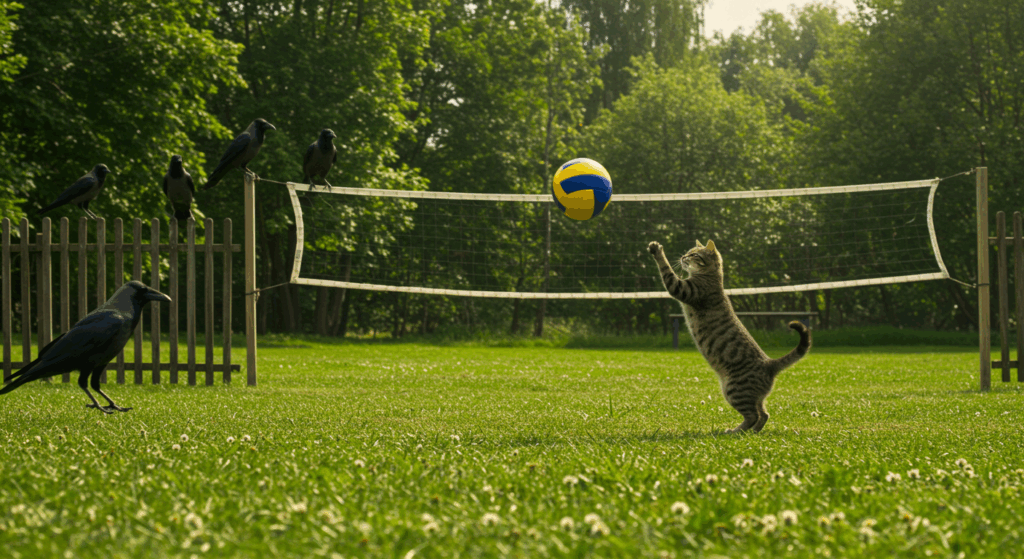 カラスと猫がバレーボールで遊んでいる画像