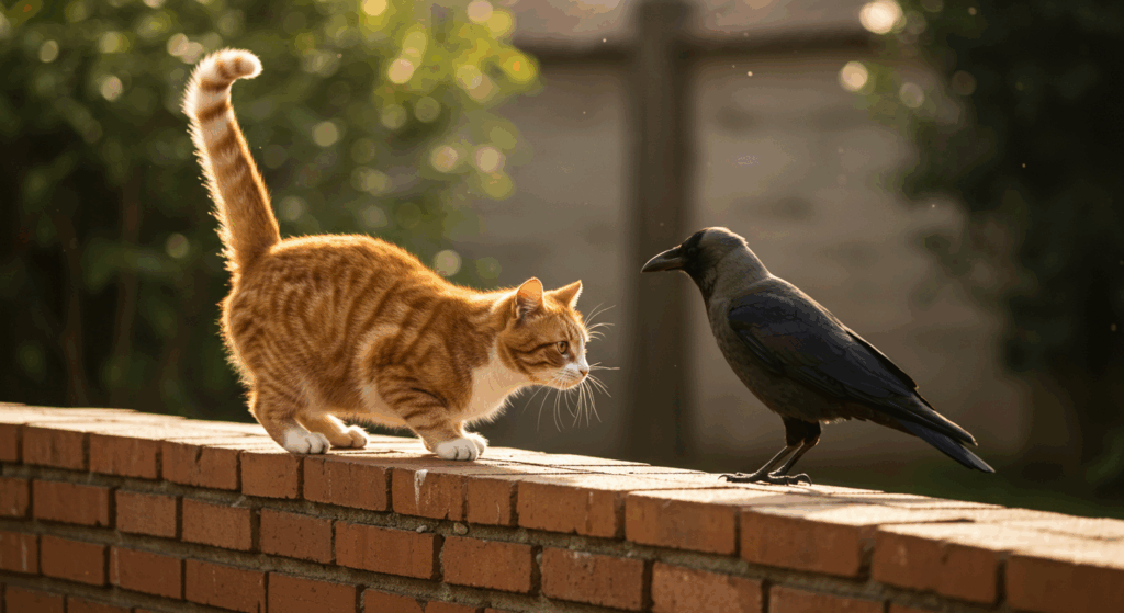 猫とカラスが塀の上で向かい合っている画像