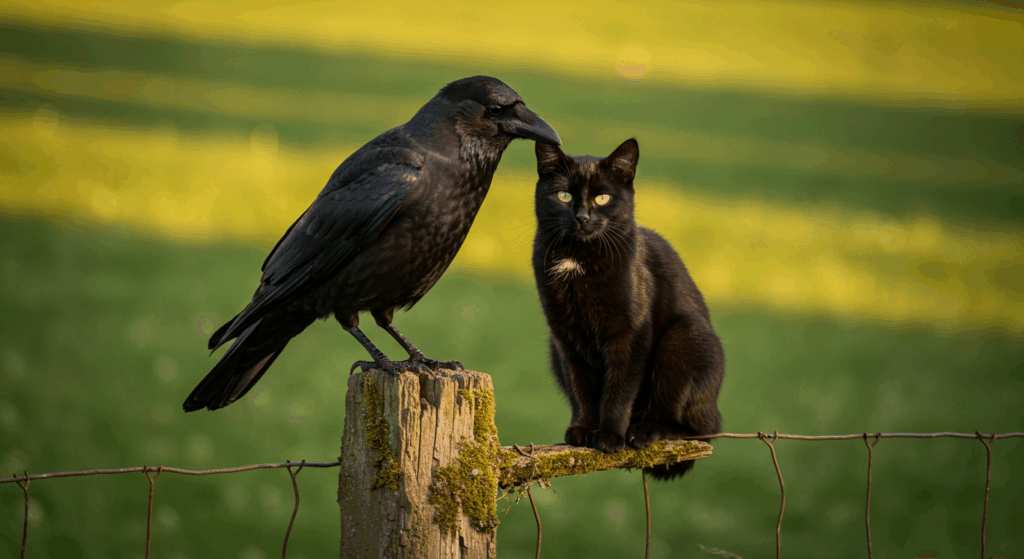 カラスと猫が柵の上で並んで佇んでいる画像