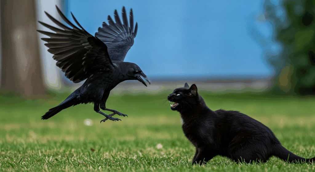 飛んでいるカラスを、猫がキバを出しながら威嚇している画像