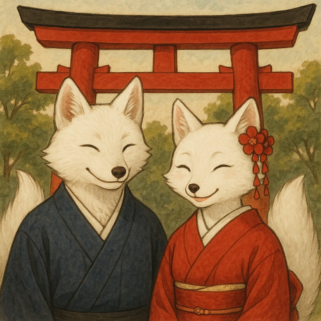 オスの狐とメスの狐が鳥居の前で笑っている画像