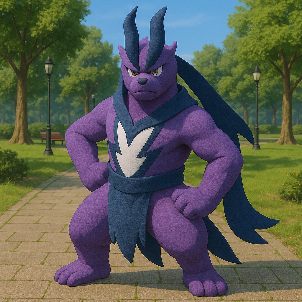 偽物の紫色のウーラオスが公園にいる画像