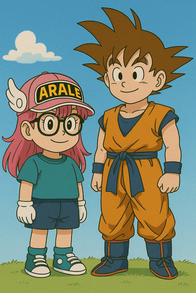 偽物のアラレちゃんと悟空が立っている画像