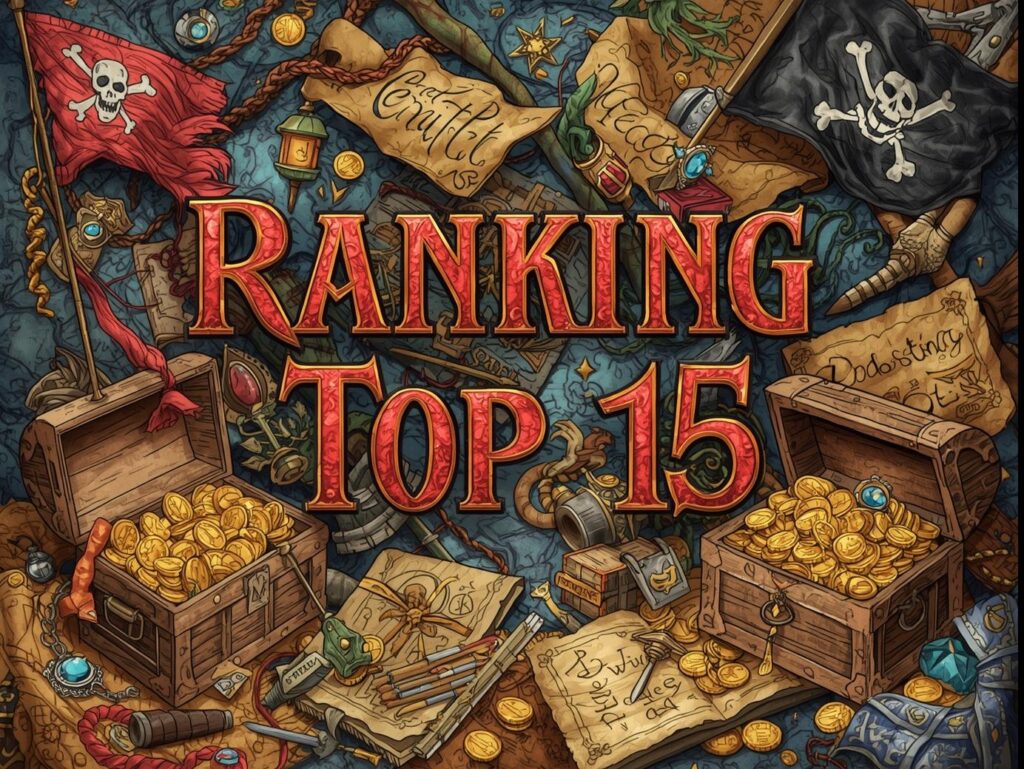 ランキングトップ15と書いてあり海賊旗やお宝などあるデザイン画