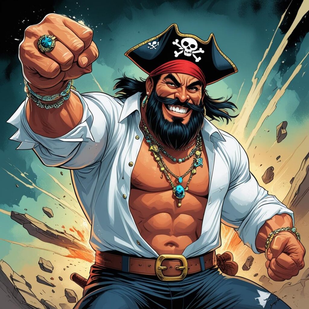 海賊らしいかっこをしたニセ黒ひげが拳を上げているイラスト