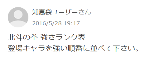 知恵袋での「北斗の拳強さランキング」についての質問