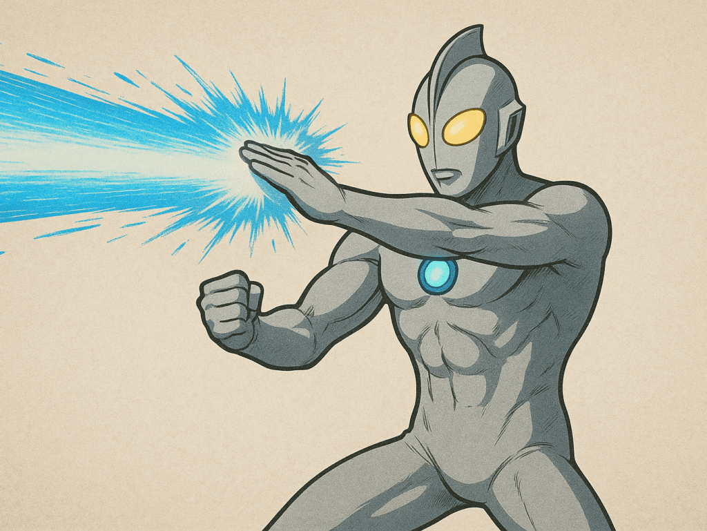 ウルトラマン風のキャラクターが光線技を使っている画像