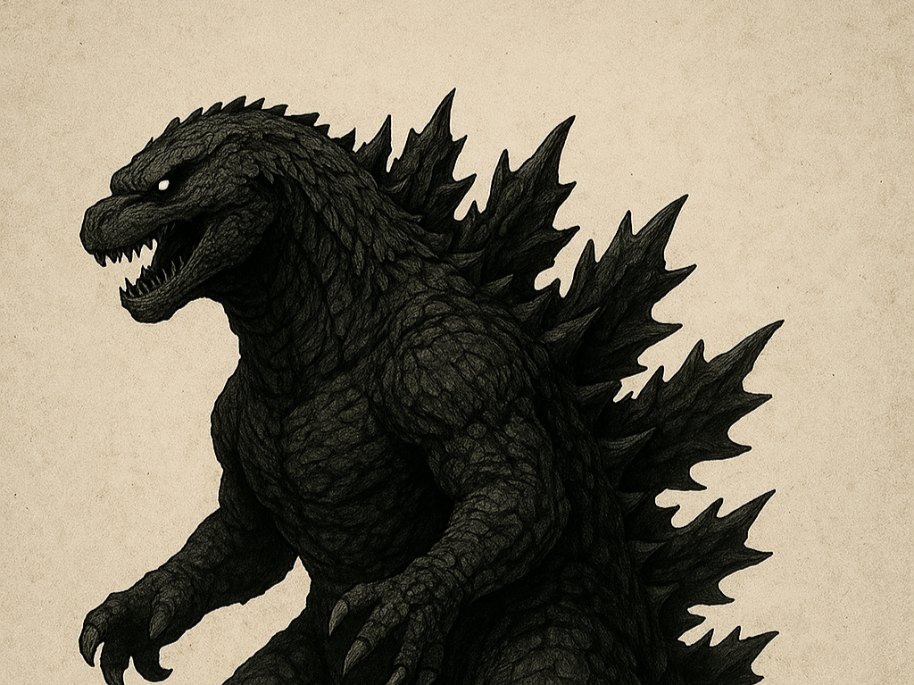 鋭い背びれがついた黒い怪獣の画像