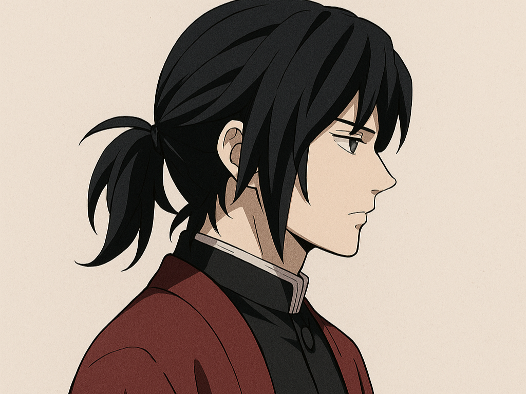 黒髪を束ねて赤い羽織を着ている青年の画像