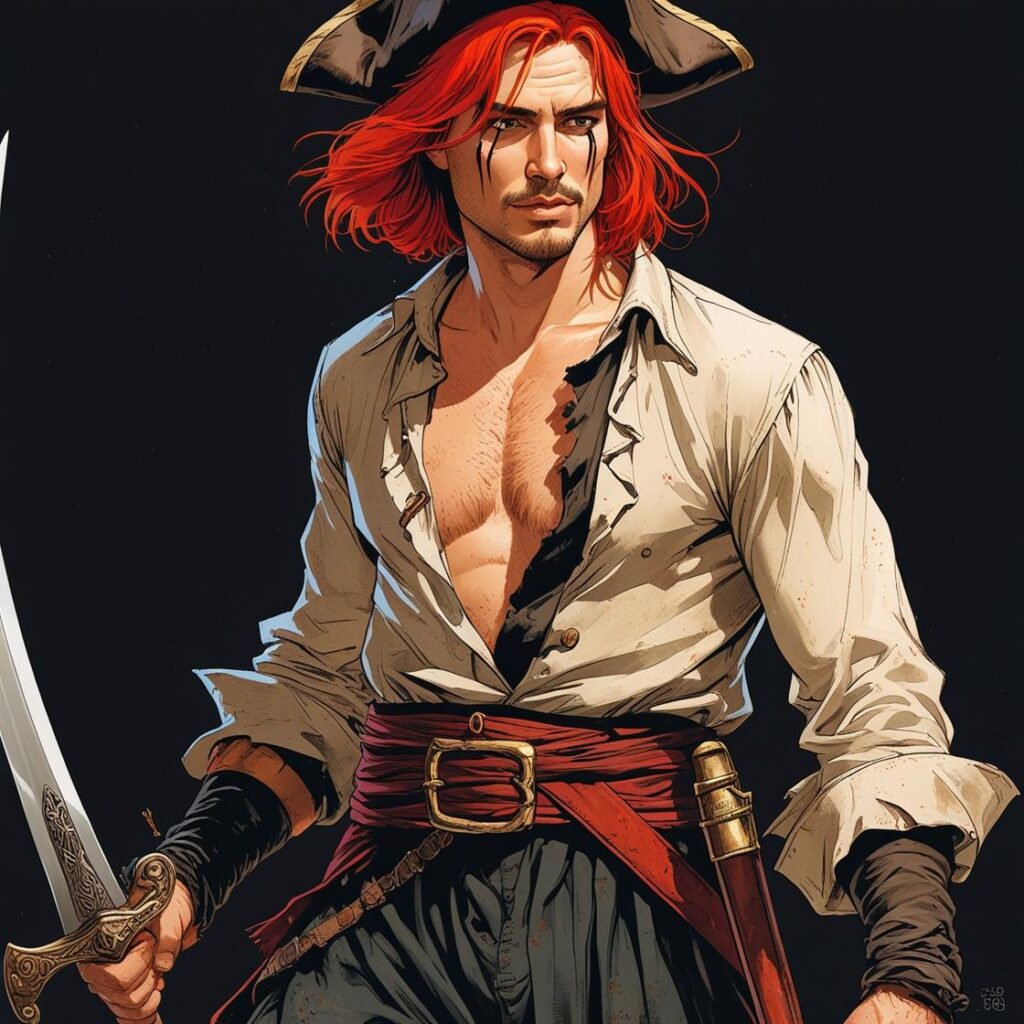 赤髪で海賊の格好をして剣を持っているシャンクスに似せたイラスト