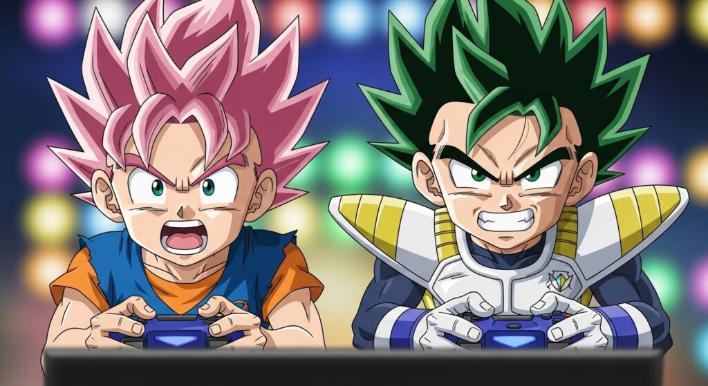悟空とベジータが仲良く2人でテレビゲームをしているイメージ画像