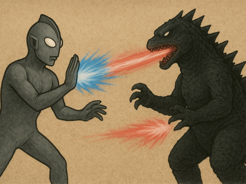 グレーのヒーローと黒い怪獣が互いに技をだしている画像