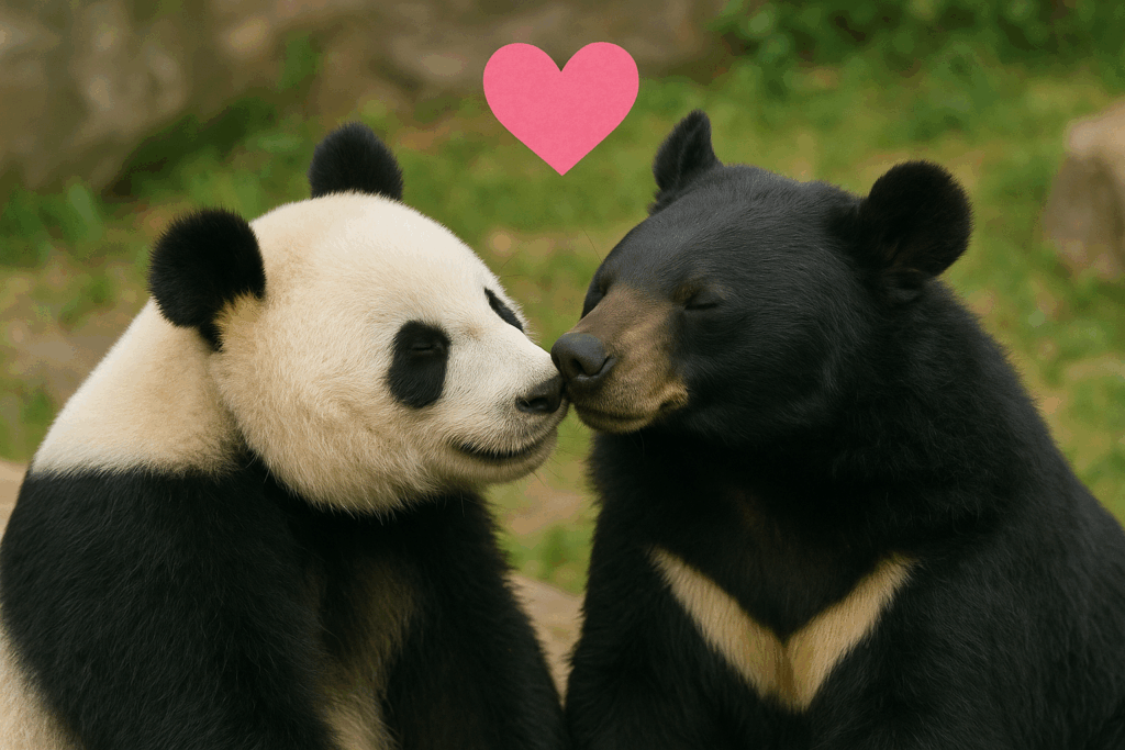 仲良しなパンダとツキノワグマの画像