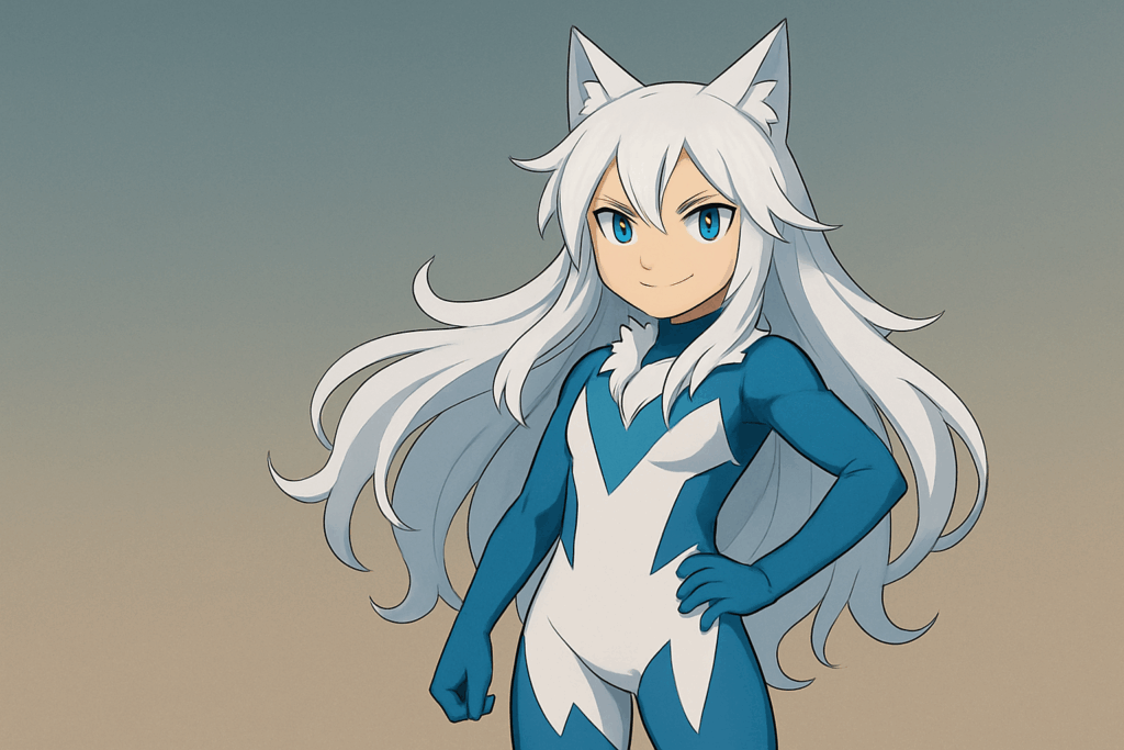 腰に手を当てる白フォノウ風キャラクター