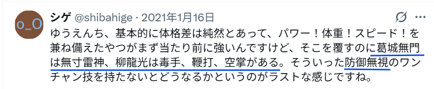 Xでの「葛城無門の使用する技は防御を無視するので強い」という投稿
