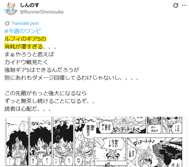 ルフィのギア5の体力消耗がすごすぎることがわかるXの投稿画像