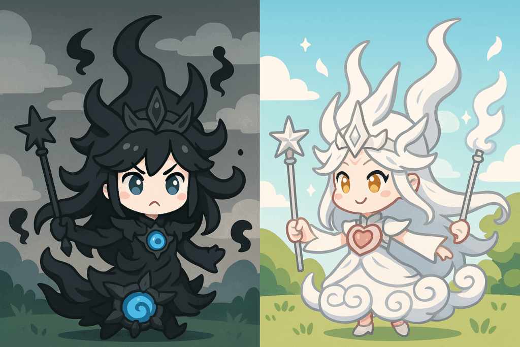 草原に立つイザナギとイザナミ風キャラクター