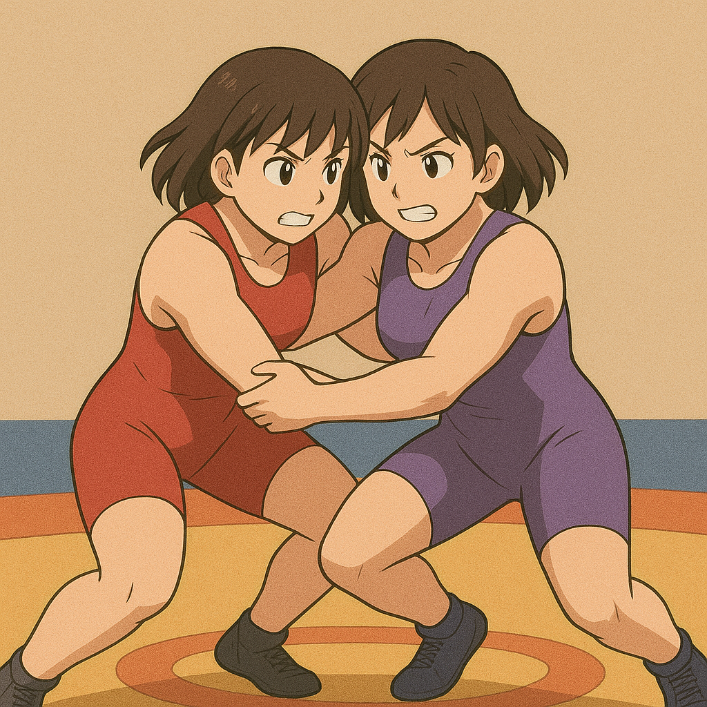 偽物の藤波朱里選手と吉田沙保里選手がタックルをして戦っている風のイラスト画像