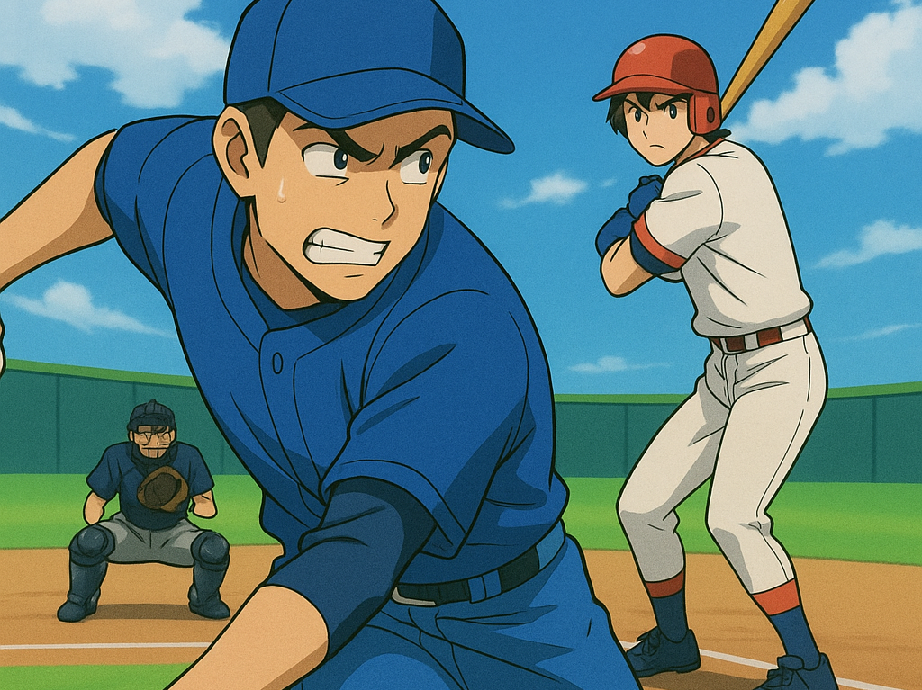 ナ・リーグのピッチャーとア・リーグのバッターがマウンドで対決しているイメージのイラスト