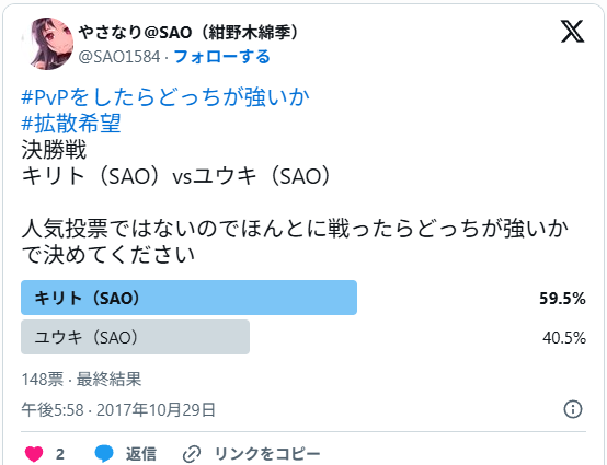 Ⅹのキリトとユウキはどっちが強いかという投票画像
