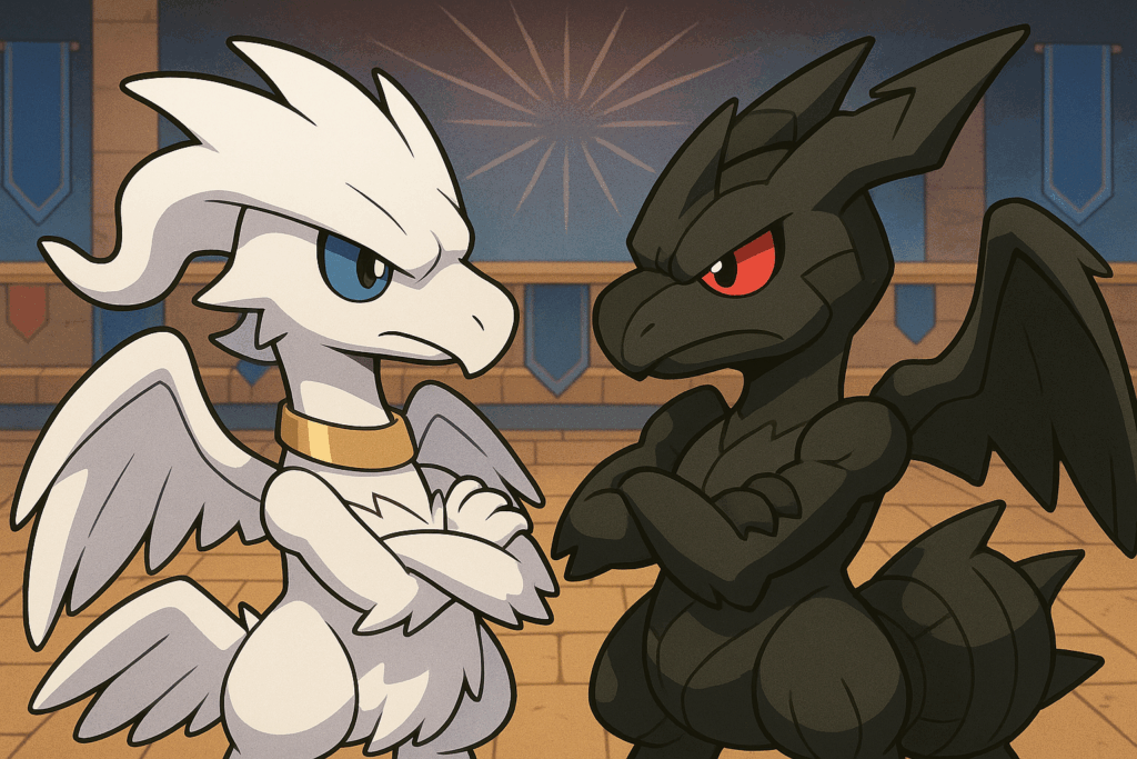 腕を組んでにらみ合うレシラムとゼクロム風モンスター