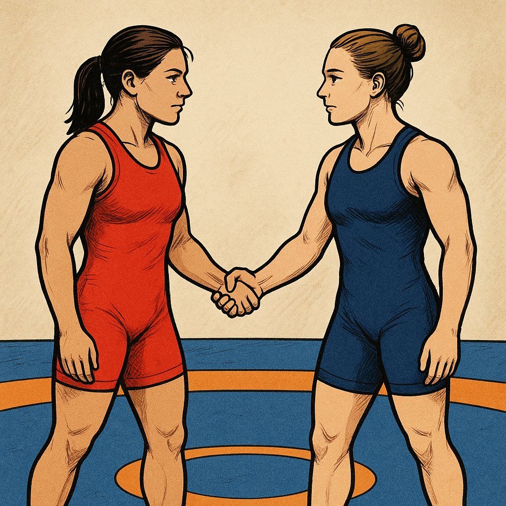 女子レスラーの二人が、リング上で握手をしている風のイラスト画像