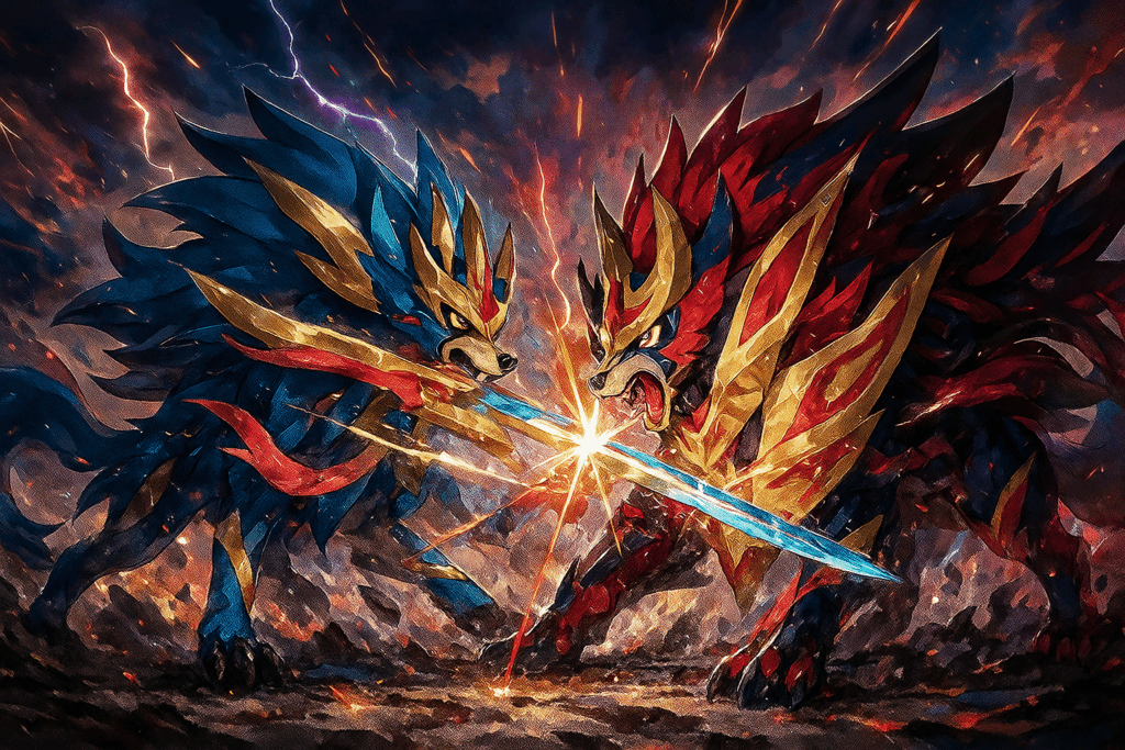 ザシアンとザマゼンタ風モンスターが戦っている画像