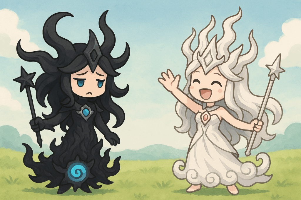 落ち込むイザナミと喜ぶイザナギ風キャラクター